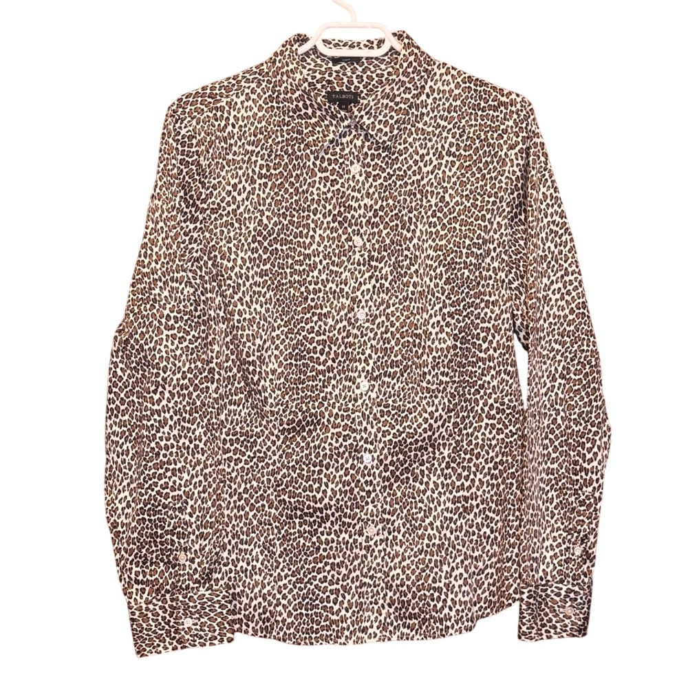 Talbots Womens 14 Leopard Print Cotton Stretch Button Down Shirt Long Sleeve